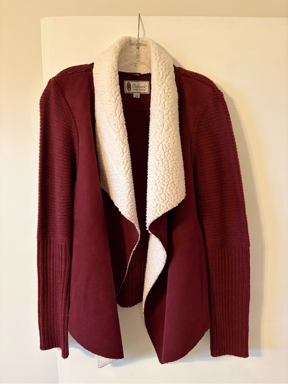 Outback Burgundy Sherpa-Trim Open Cardigan - Large